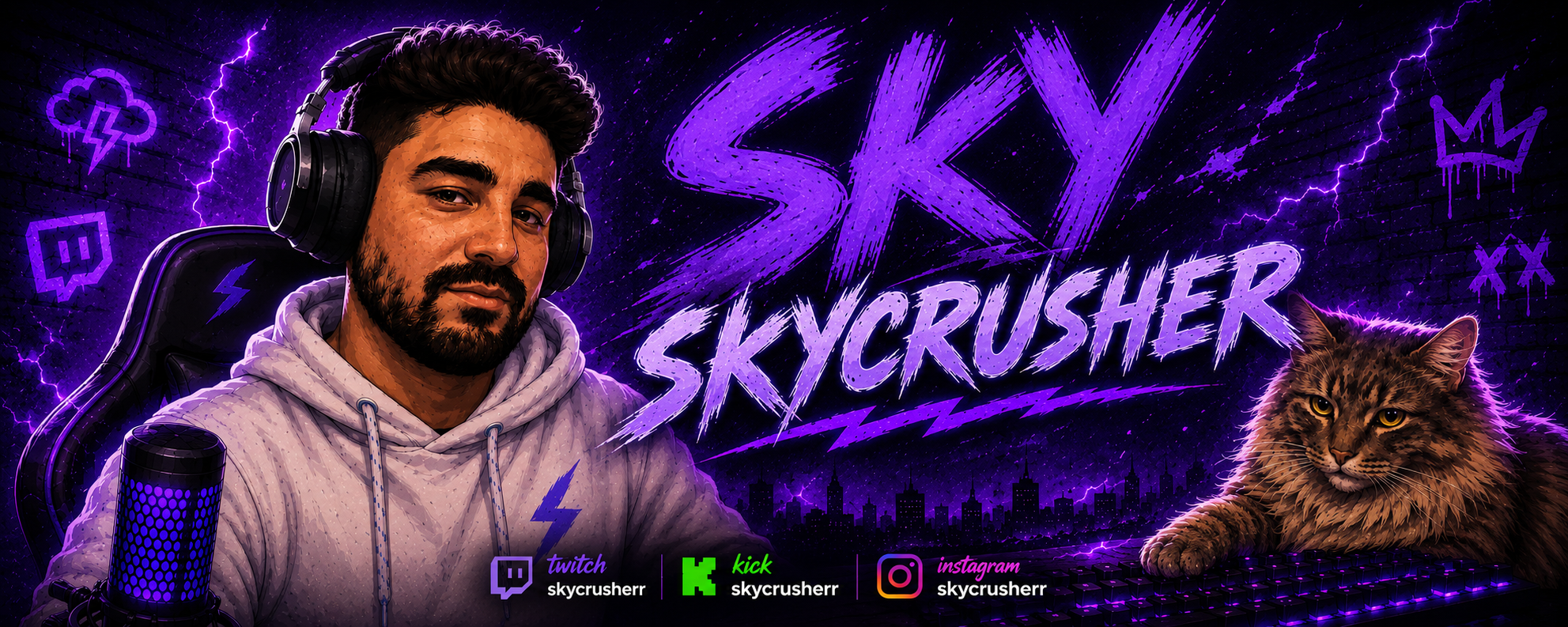 SkyCrusher: Sky con auriculares, el logo en grafiti violeta y el gato
